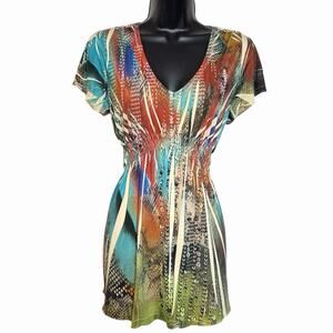 VINTAGE Y2K ONE WORLD COLORFUL STRETCH KNIT TUNIC TOP RHINESTONE RETRO BOHO SZ M
